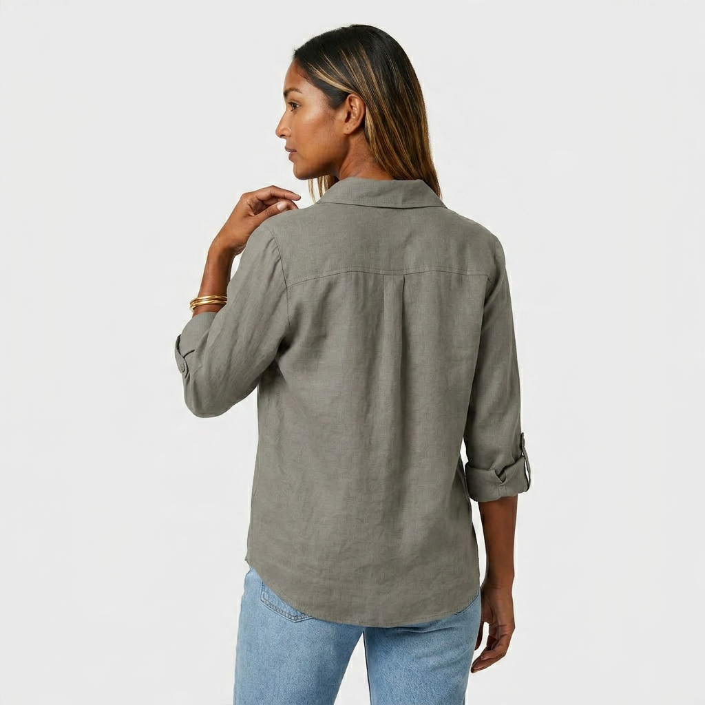 Chemise Lin Manches Retroussables Poche Poitrine Pour Femme