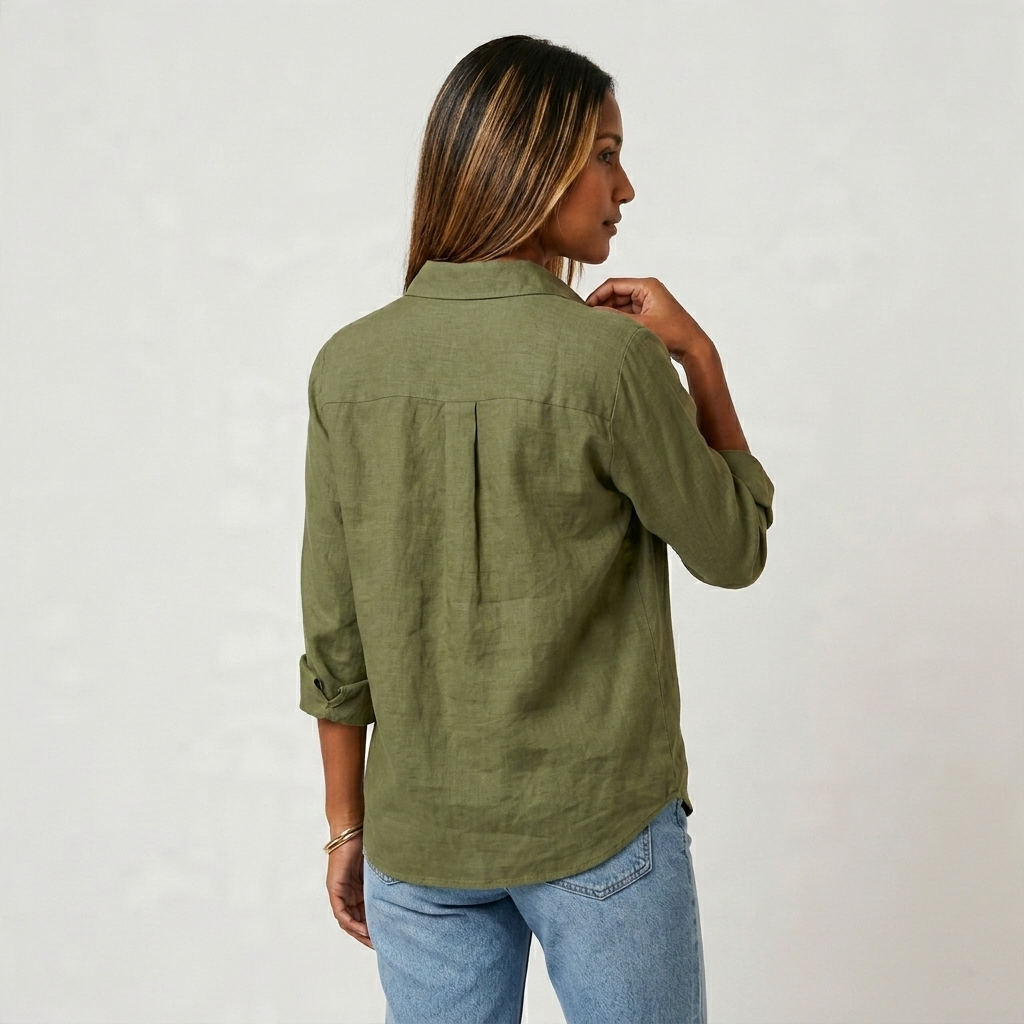 Chemise Lin Manches Retroussables Poche Poitrine Pour Femme