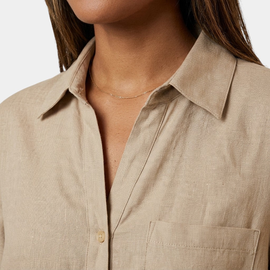 Chemise Lin Manches Retroussables Poche Poitrine Pour Femme