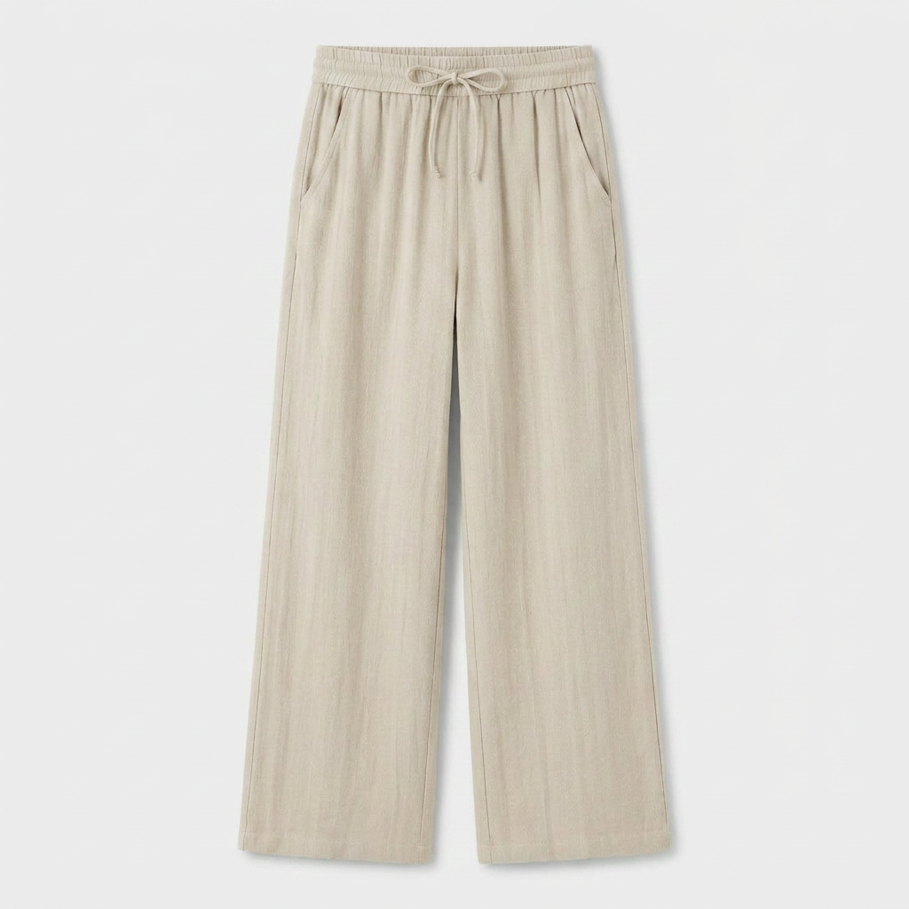 Pantalon Large Lin Taille Élastiquée Poches Pour Femme