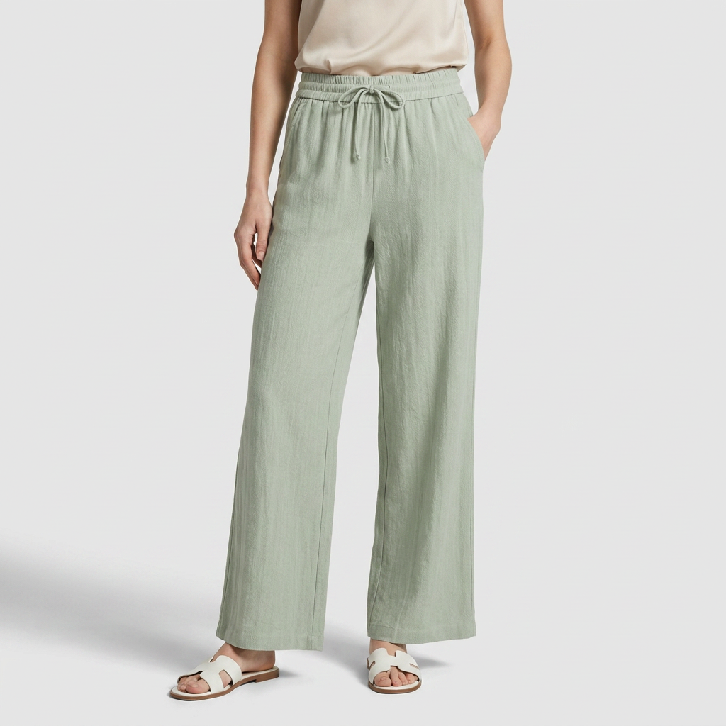 Pantalon Large Lin Taille Élastiquée Poches Pour Femme