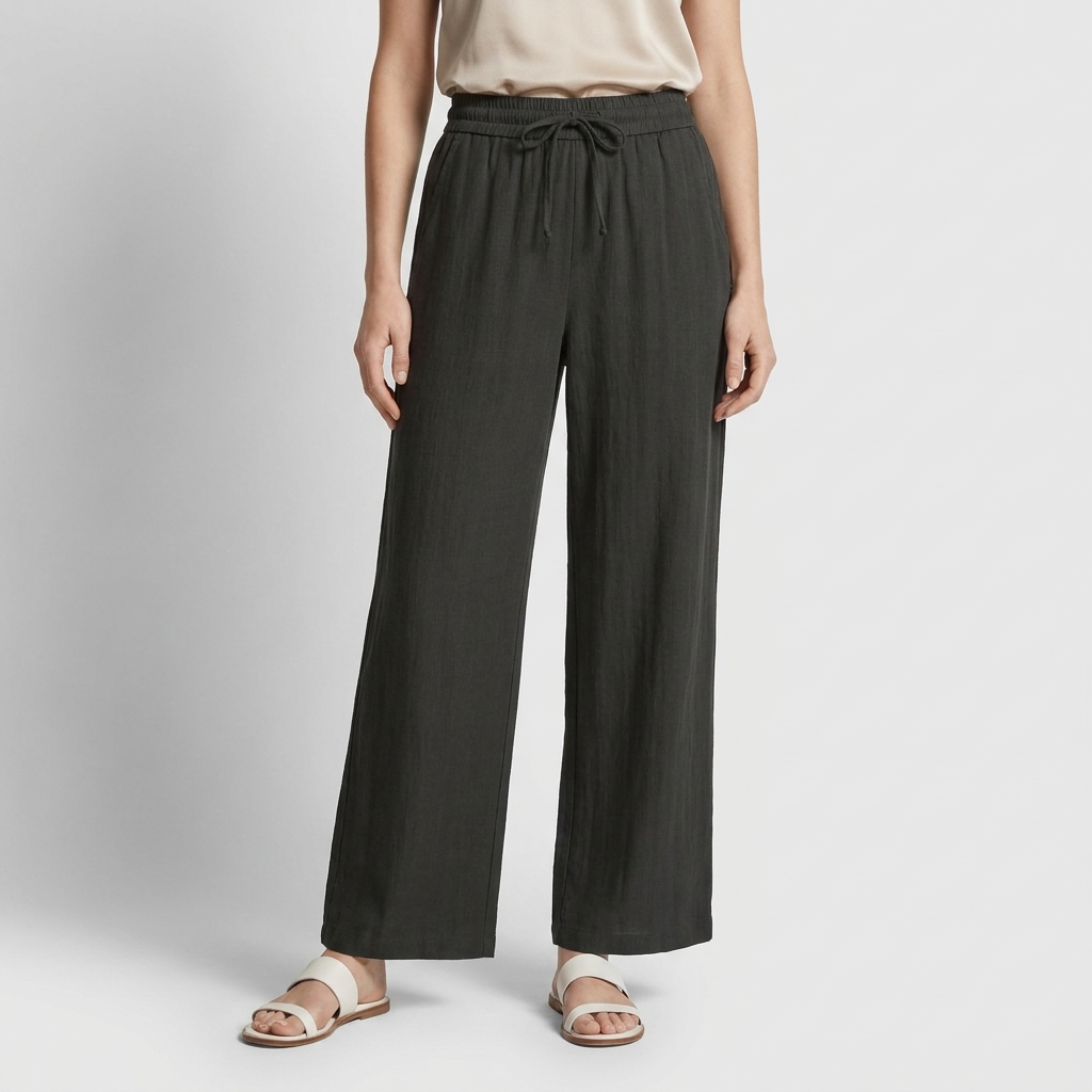 Pantalon Large Lin Taille Élastiquée Poches Pour Femme