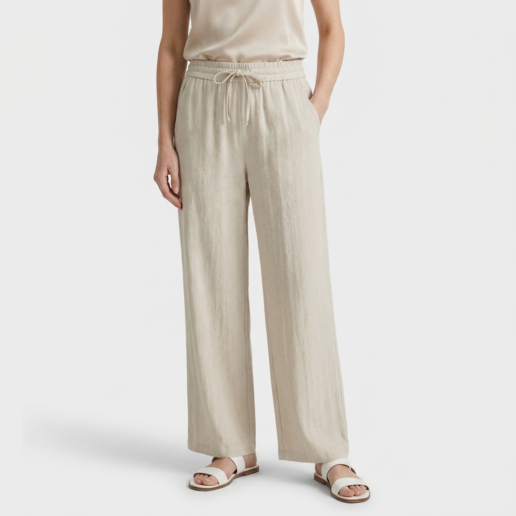 Pantalon Large Lin Taille Élastiquée Poches Pour Femme