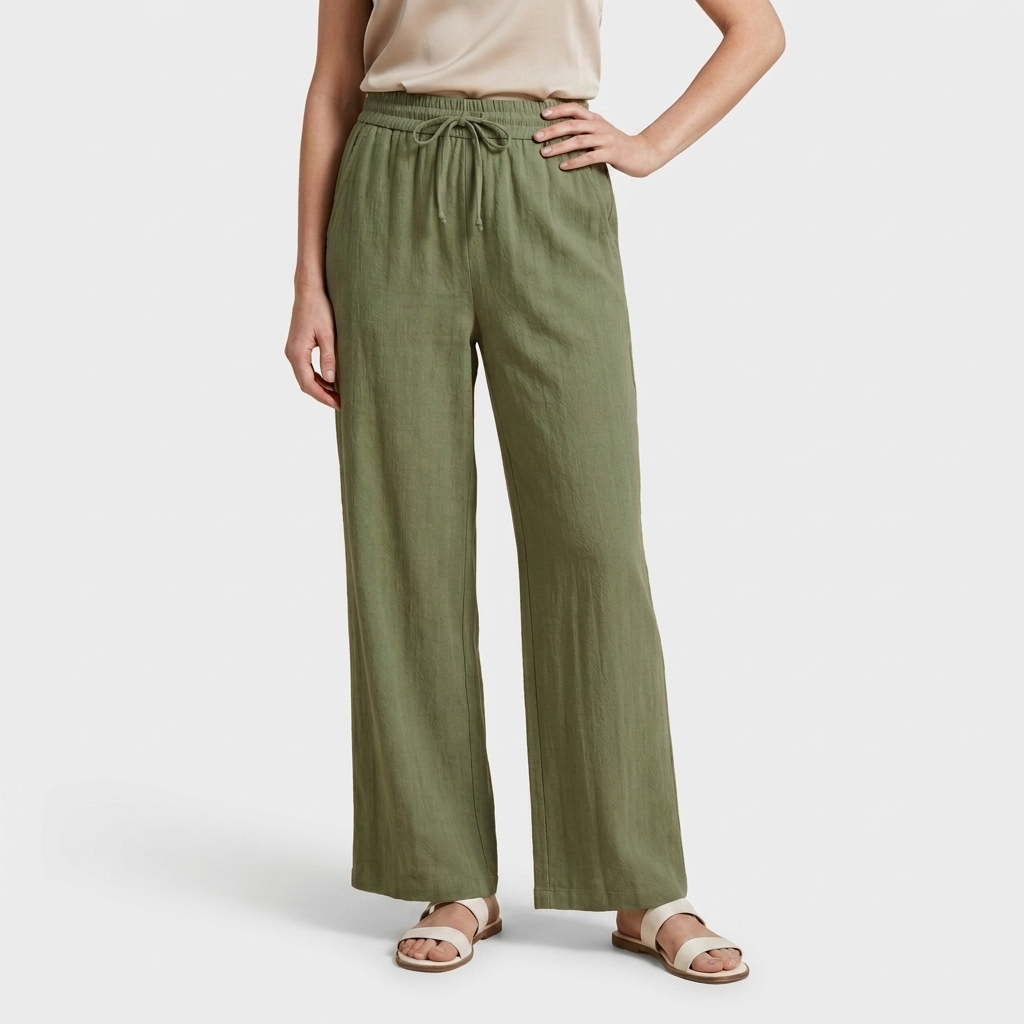 Pantalon Large Lin Taille Élastiquée Poches Pour Femme