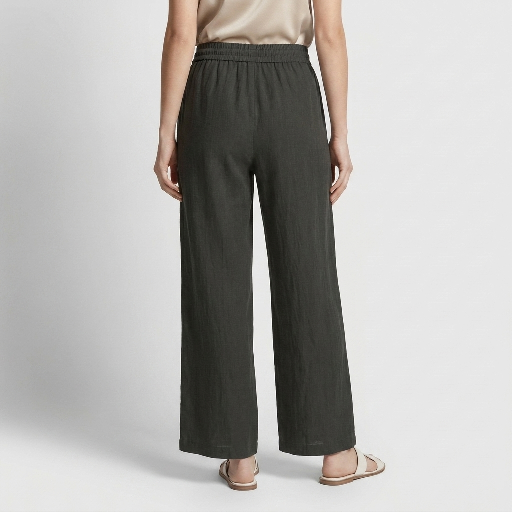 Pantalon Large Lin Taille Élastiquée Poches Pour Femme