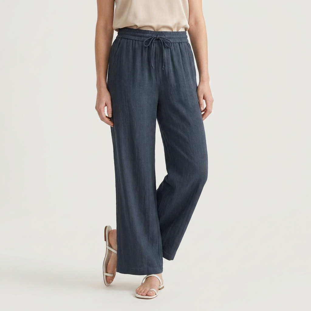 Pantalon Large Lin Taille Élastiquée Poches Pour Femme