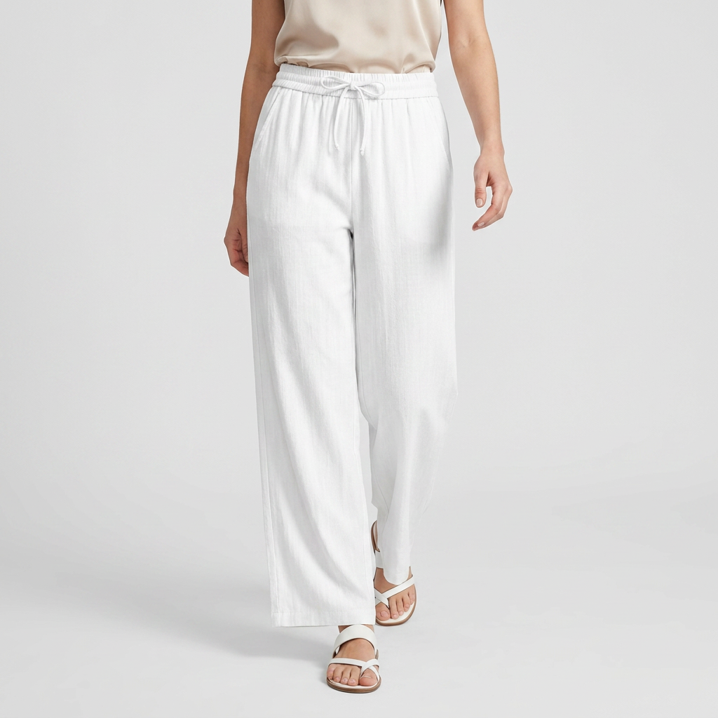 Pantalon Large Lin Taille Élastiquée Poches Pour Femme