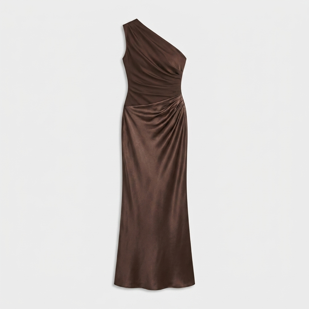 Robe Maxi Satin Une Épaule Drapée Taille Froncée Pour Femme