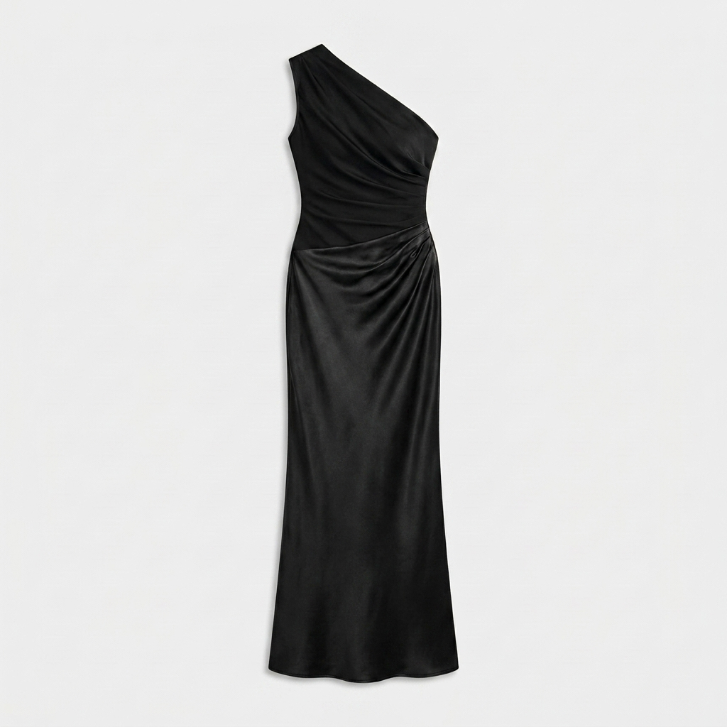 Robe Maxi Satin Une Épaule Drapée Taille Froncée Pour Femme