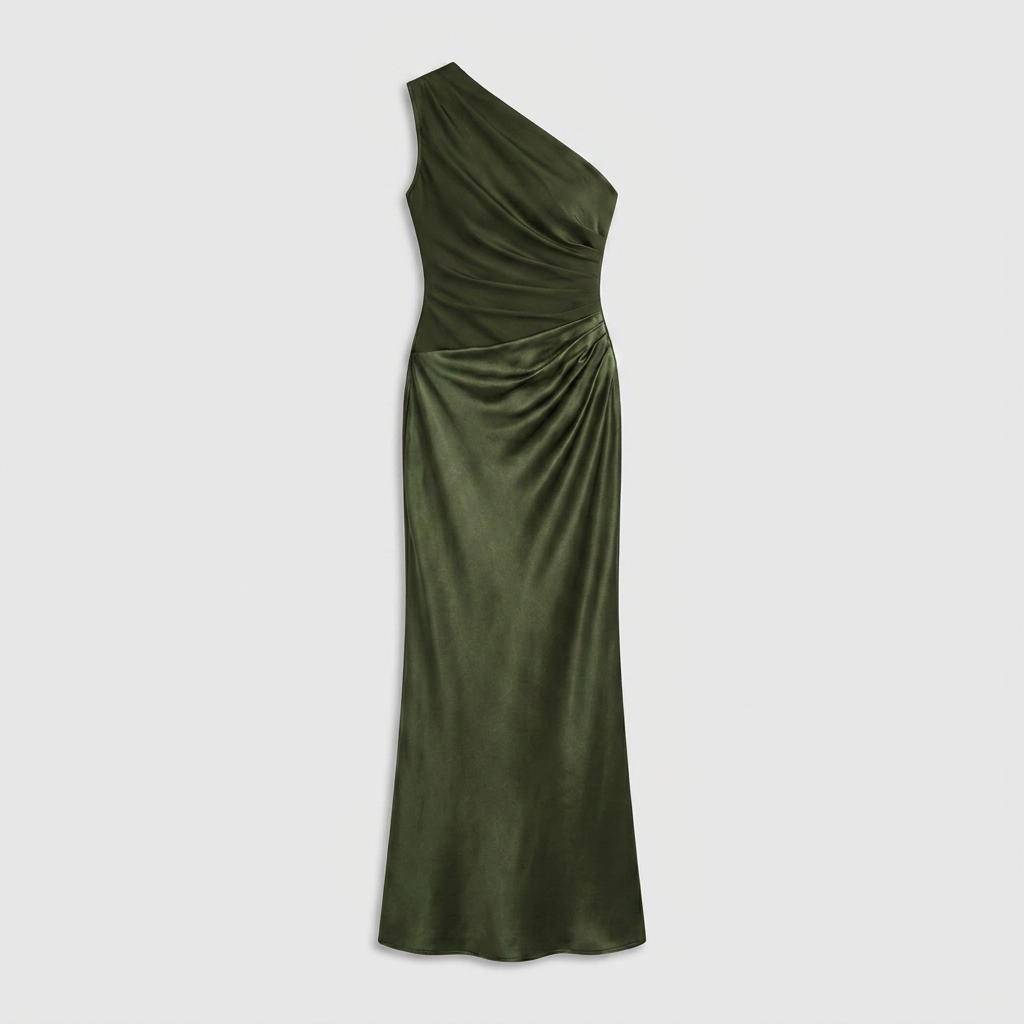 Robe Maxi Satin Une Épaule Drapée Taille Froncée Pour Femme