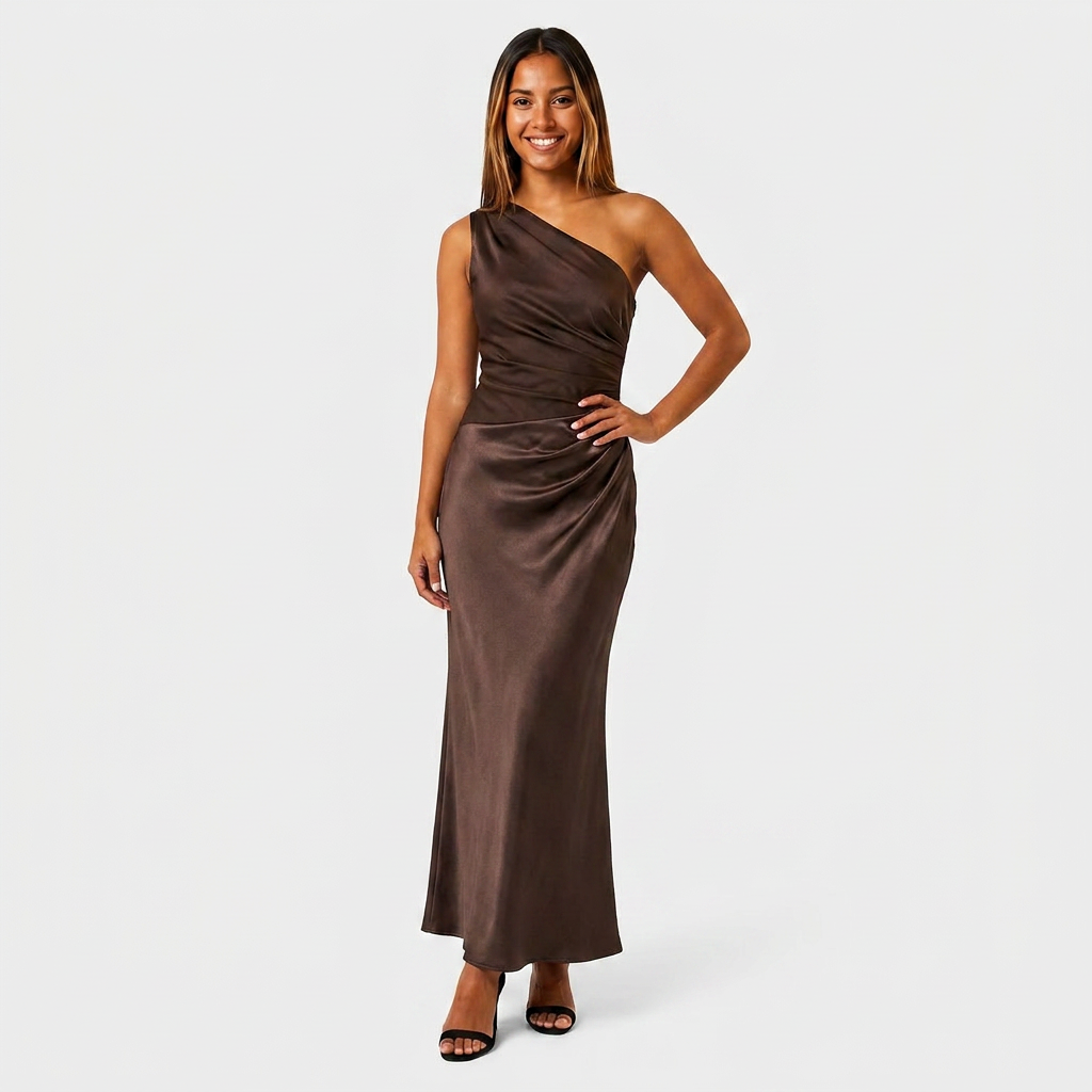 Robe Maxi Satin Une Épaule Drapée Taille Froncée Pour Femme