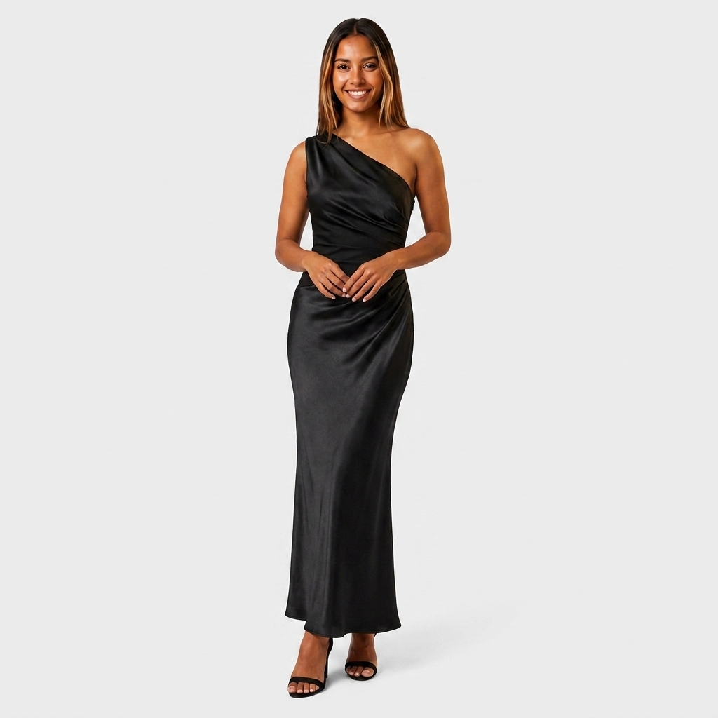 Robe Maxi Satin Une Épaule Drapée Taille Froncée Pour Femme