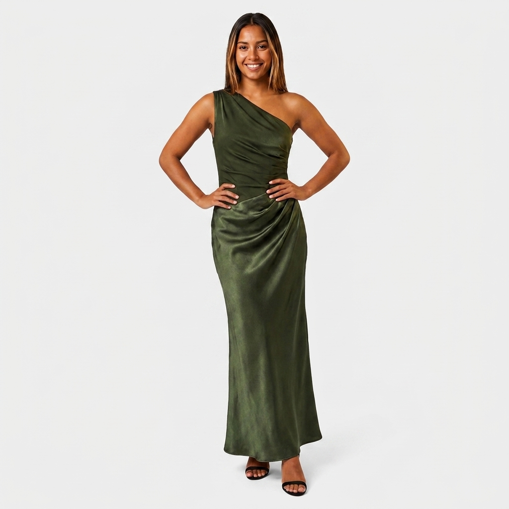 Robe Maxi Satin Une Épaule Drapée Taille Froncée Pour Femme