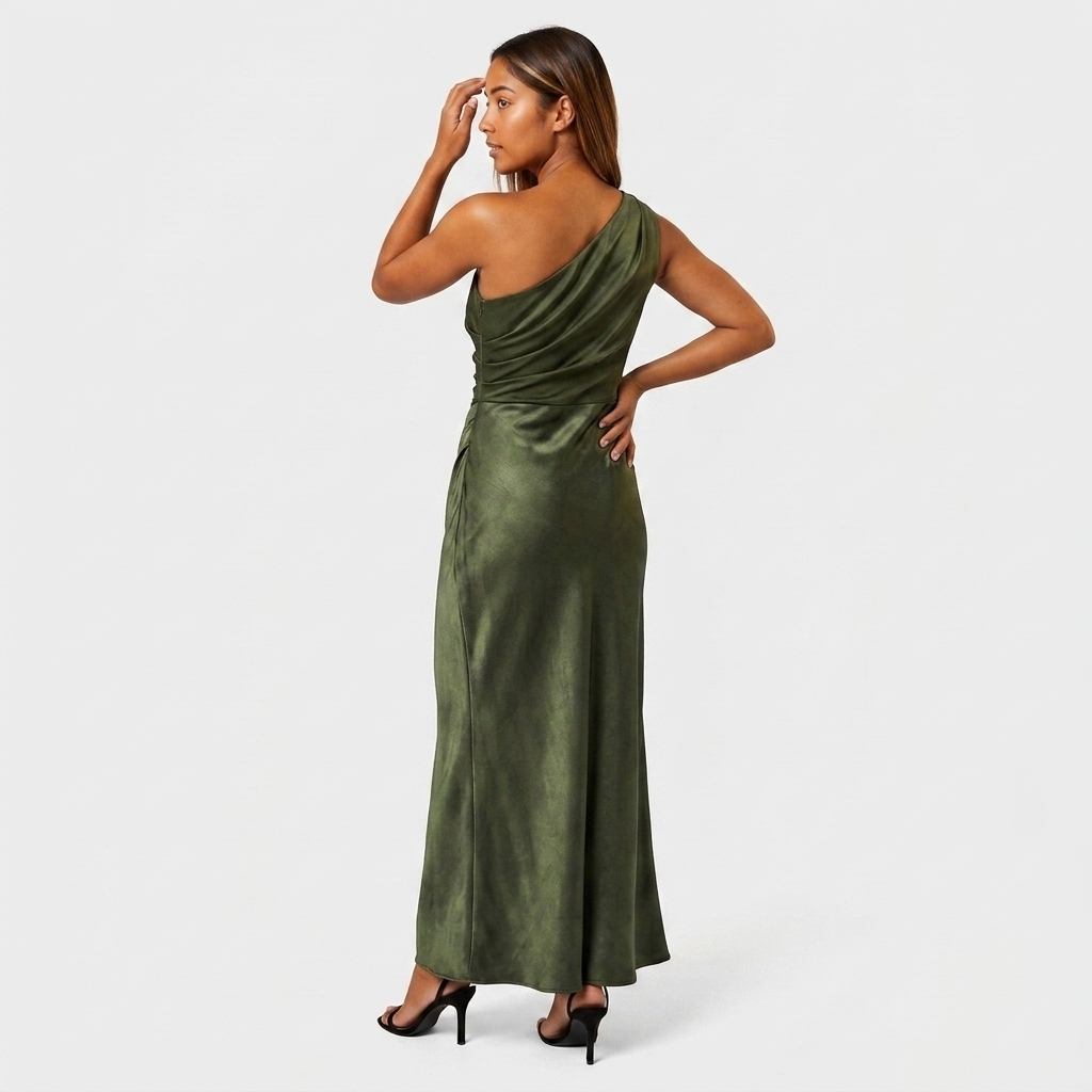 Robe Maxi Satin Une Épaule Drapée Taille Froncée Pour Femme