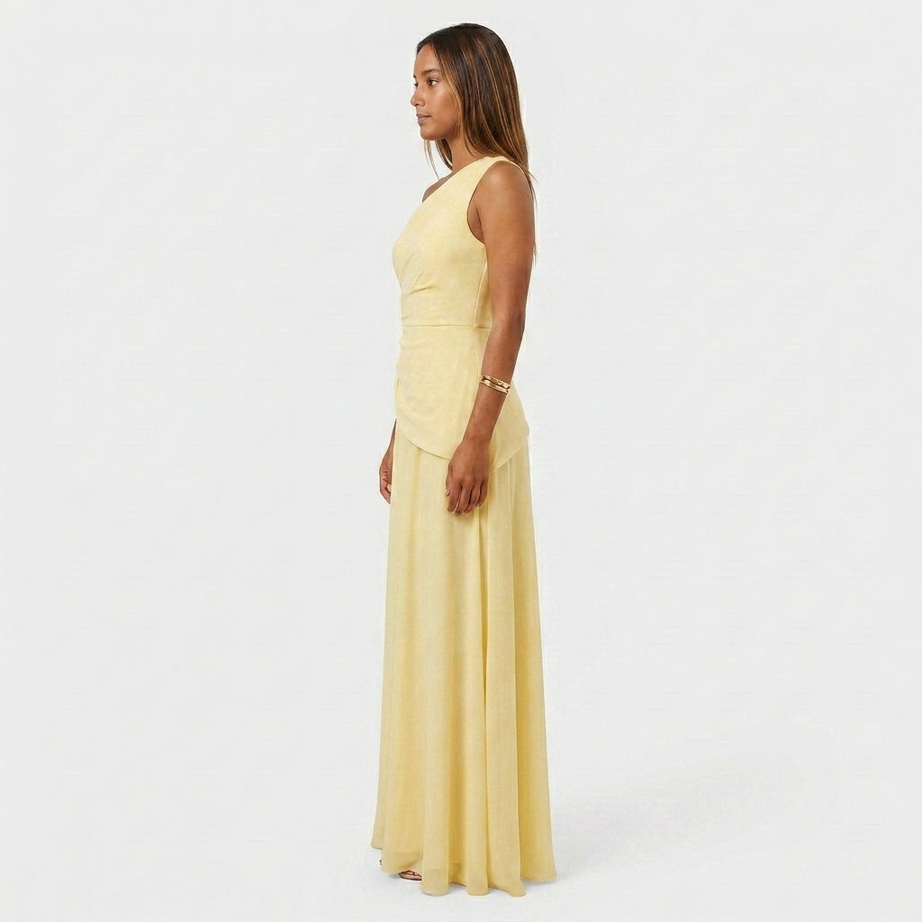 Robe Maxi Mousseline Une Épaule Drapée Évasée Pour Femme