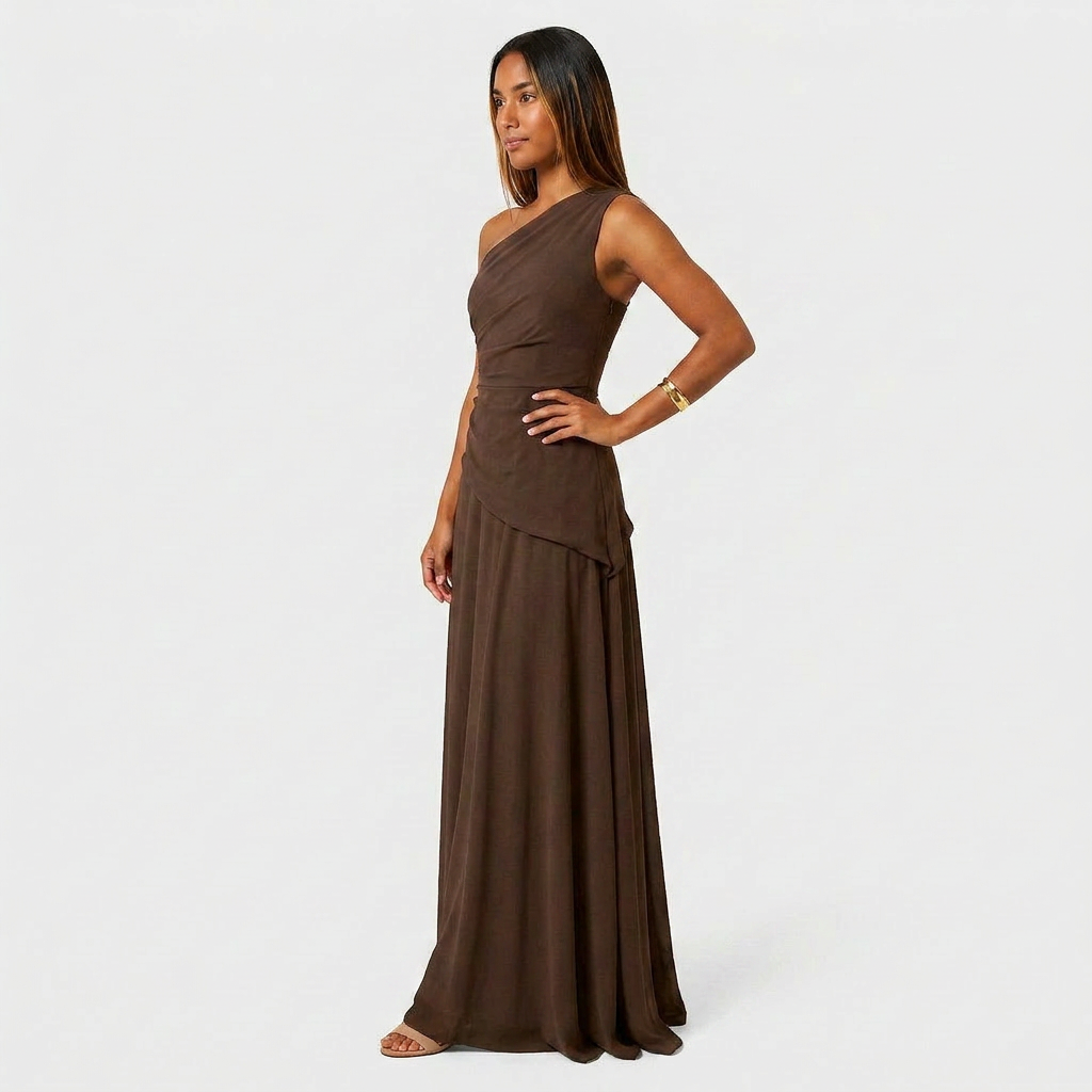 Robe Maxi Mousseline Une Épaule Drapée Évasée Pour Femme