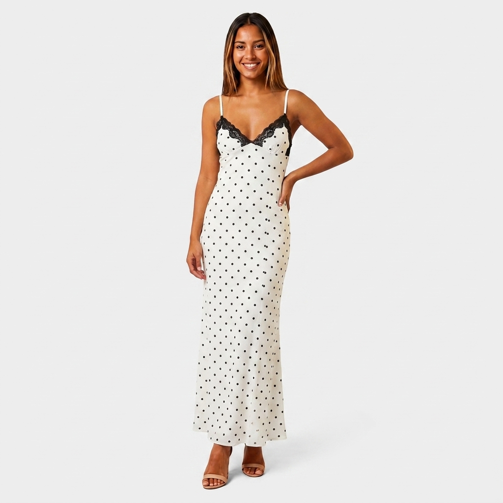 Robe Maxi Slip Dress Col V Dentelle Bretelles Fines Pour Femme