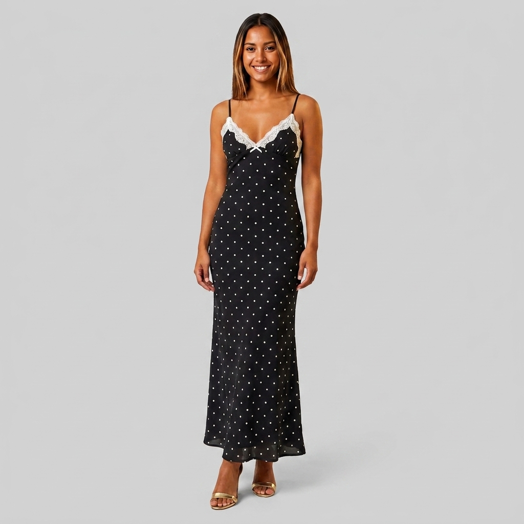Robe Maxi Slip Dress Col V Dentelle Bretelles Fines Pour Femme