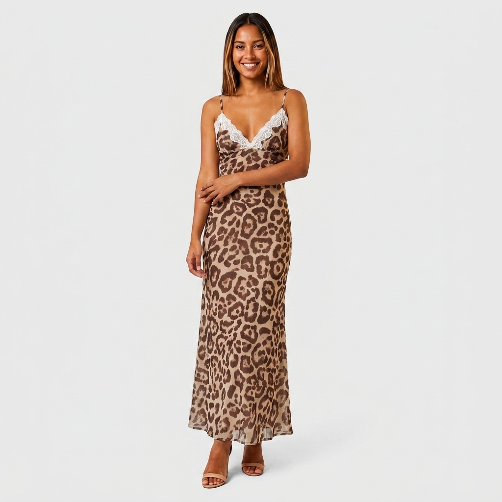 Robe Maxi Slip Dress Col V Dentelle Bretelles Fines Pour Femme