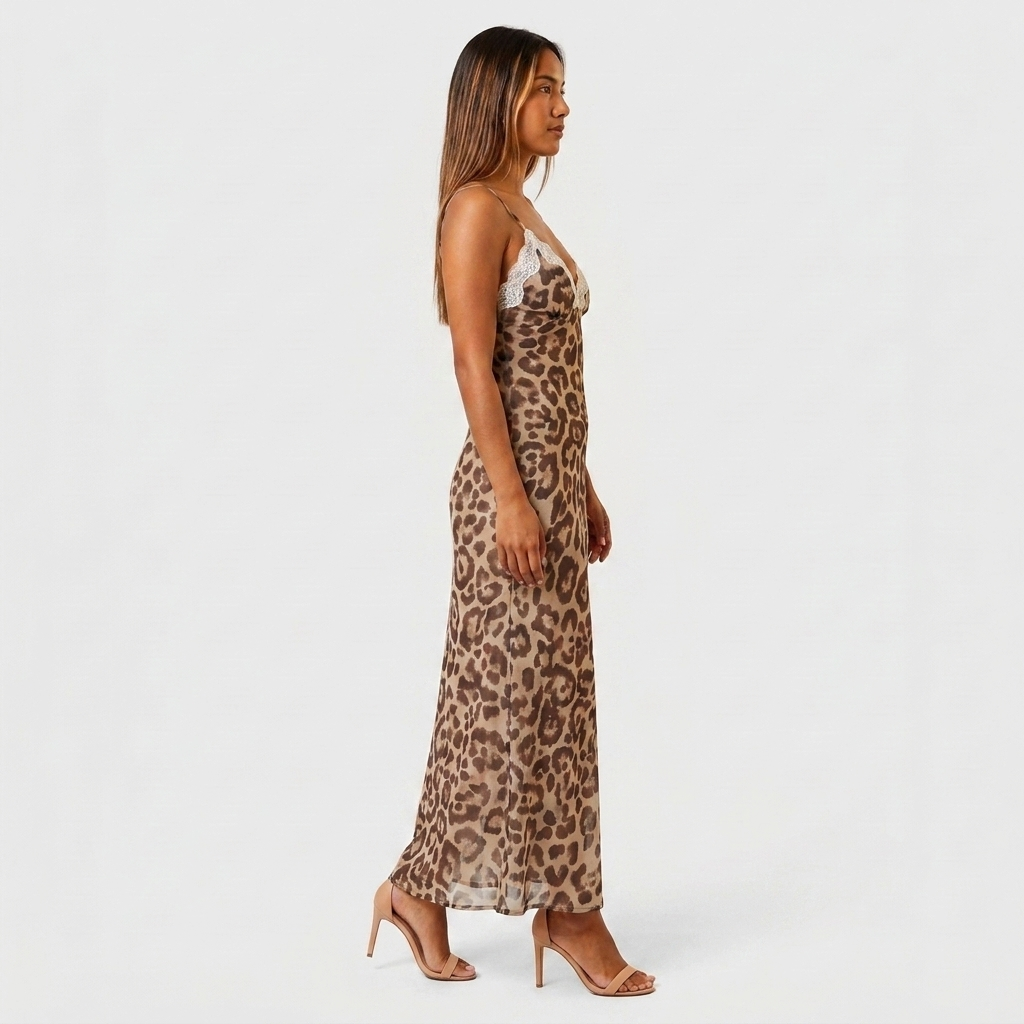 Robe Maxi Slip Dress Col V Dentelle Bretelles Fines Pour Femme