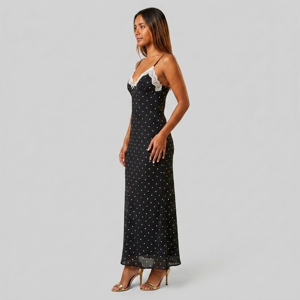 Robe Maxi Slip Dress Col V Dentelle Bretelles Fines Pour Femme