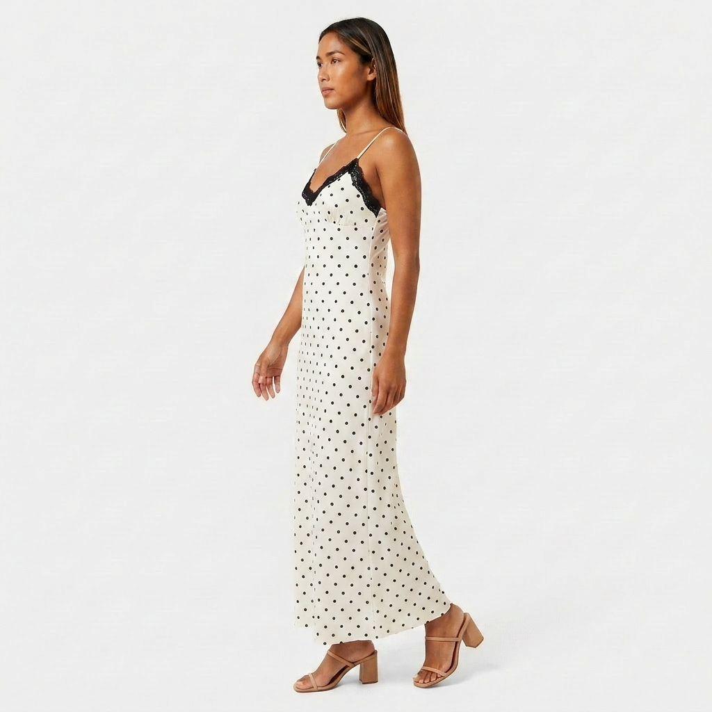 Robe Maxi Slip Dress Col V Dentelle Bretelles Fines Pour Femme