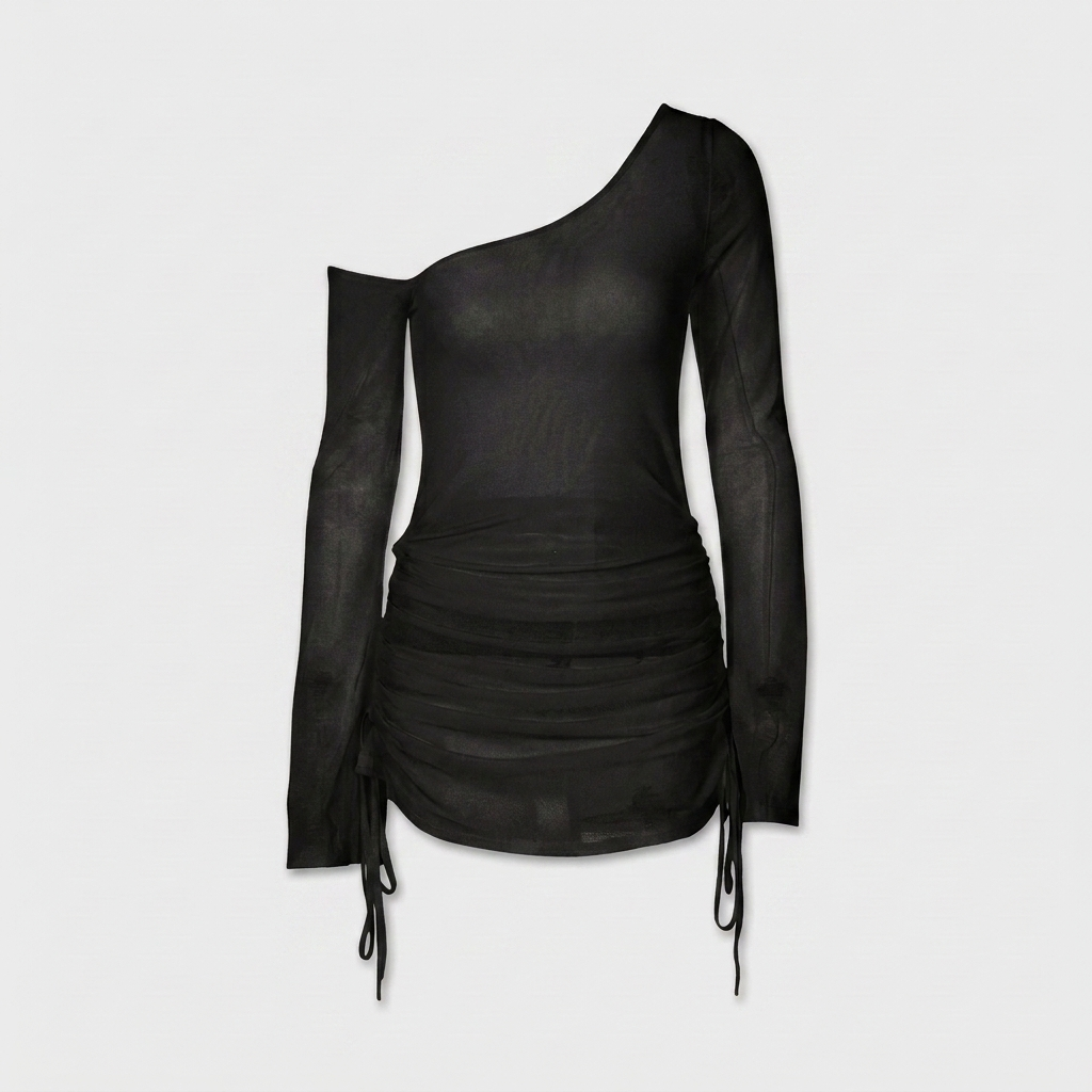 Robe Mini Mesh Une Épaule Manches Longues Froncée Lacets Pour Femme
