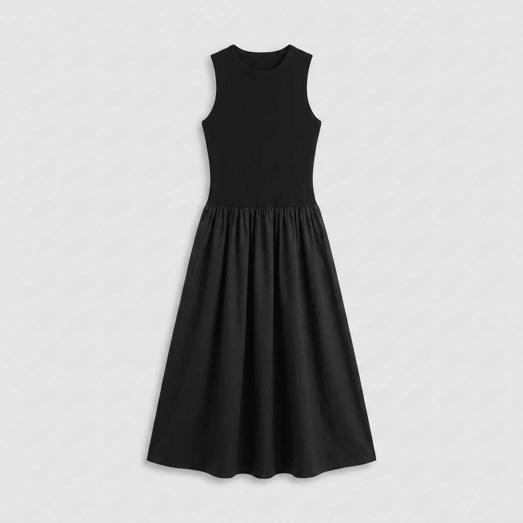 Robe Midi Bi-Matière Haut Côtelé Jupe Évasée Froncée Pour Femme