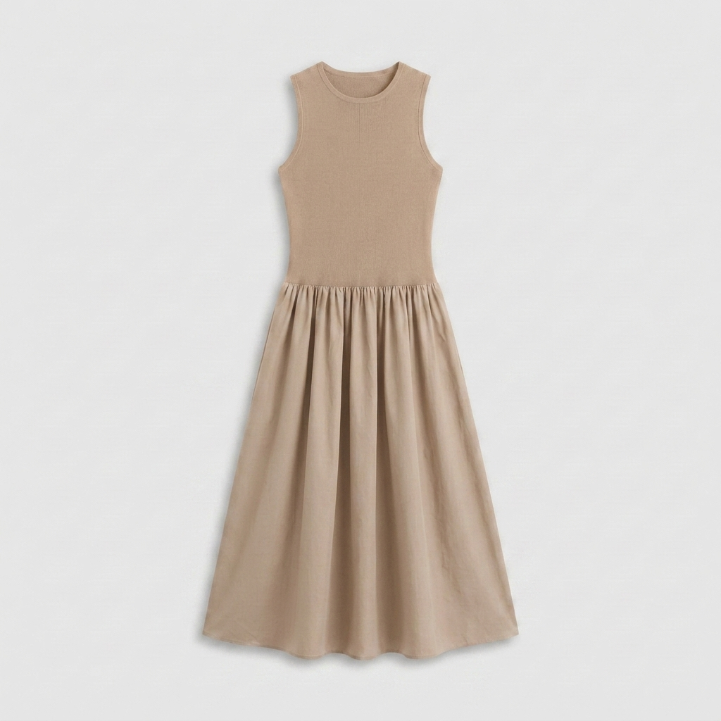 Robe Midi Bi-Matière Haut Côtelé Jupe Évasée Froncée Pour Femme