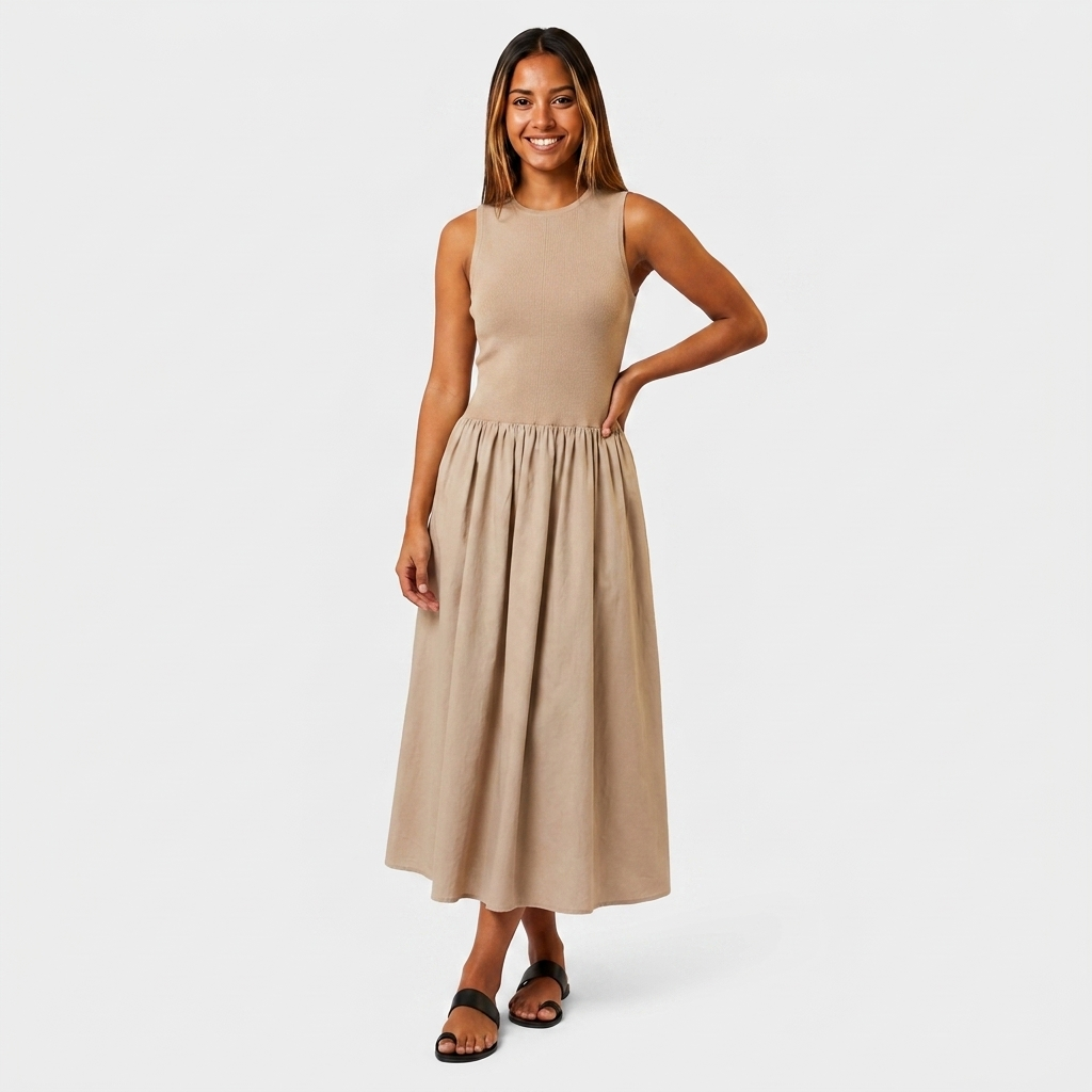 Robe Midi Bi-Matière Haut Côtelé Jupe Évasée Froncée Pour Femme