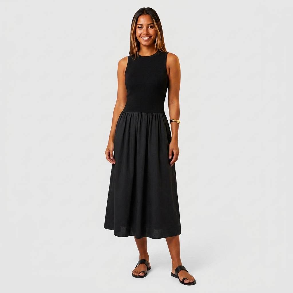 Robe Midi Bi-Matière Haut Côtelé Jupe Évasée Froncée Pour Femme