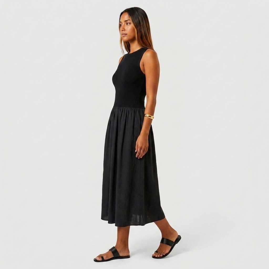 Robe Midi Bi-Matière Haut Côtelé Jupe Évasée Froncée Pour Femme