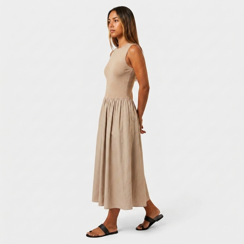 Robe Midi Bi-Matière Haut Côtelé Jupe Évasée Froncée Pour Femme