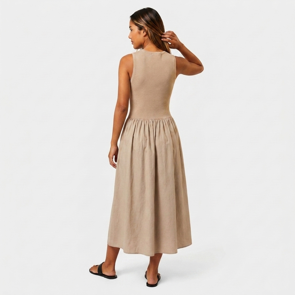 Robe Midi Bi-Matière Haut Côtelé Jupe Évasée Froncée Pour Femme