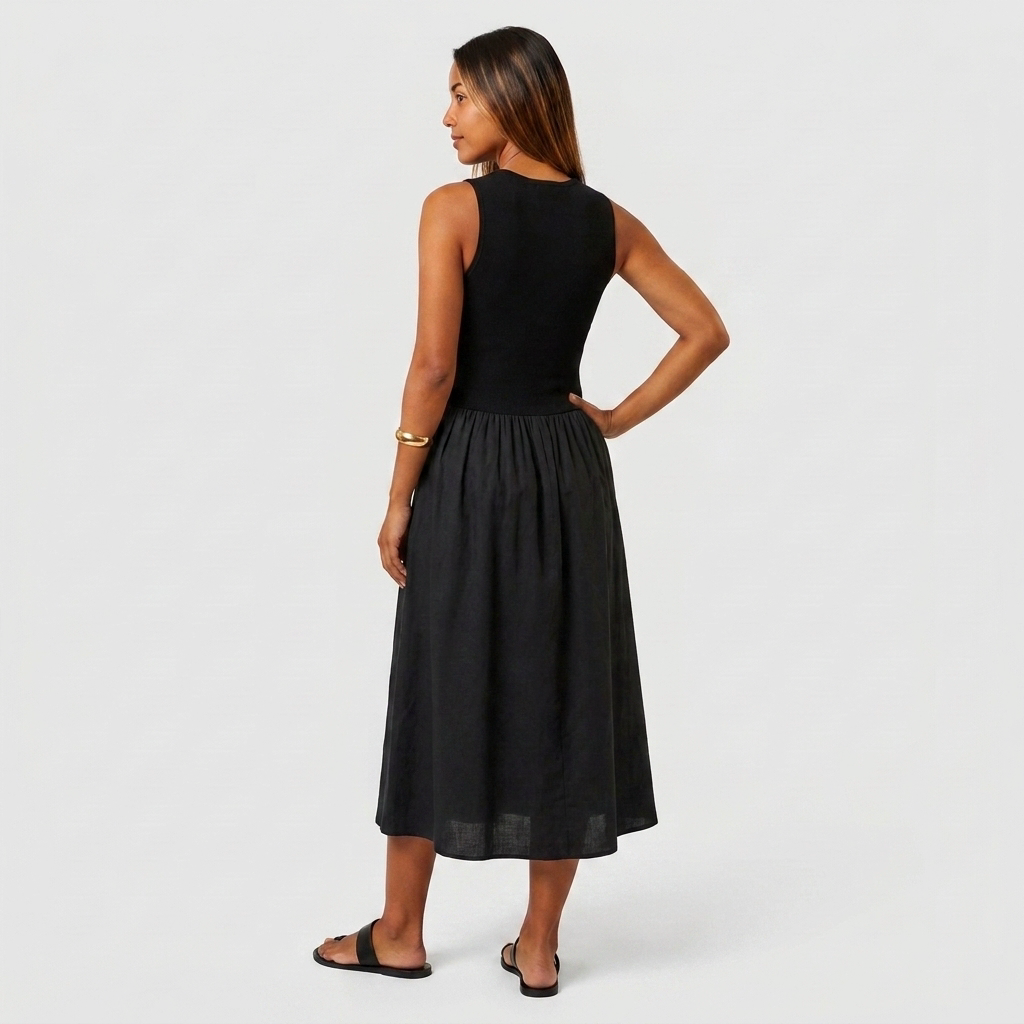 Robe Midi Bi-Matière Haut Côtelé Jupe Évasée Froncée Pour Femme
