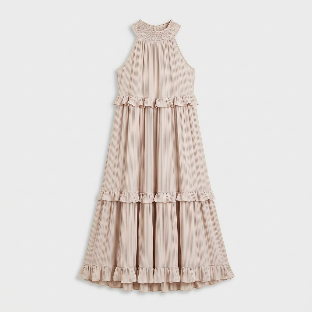Robe Maxi Col Halter Plissée Volants Étagés Pour Femme