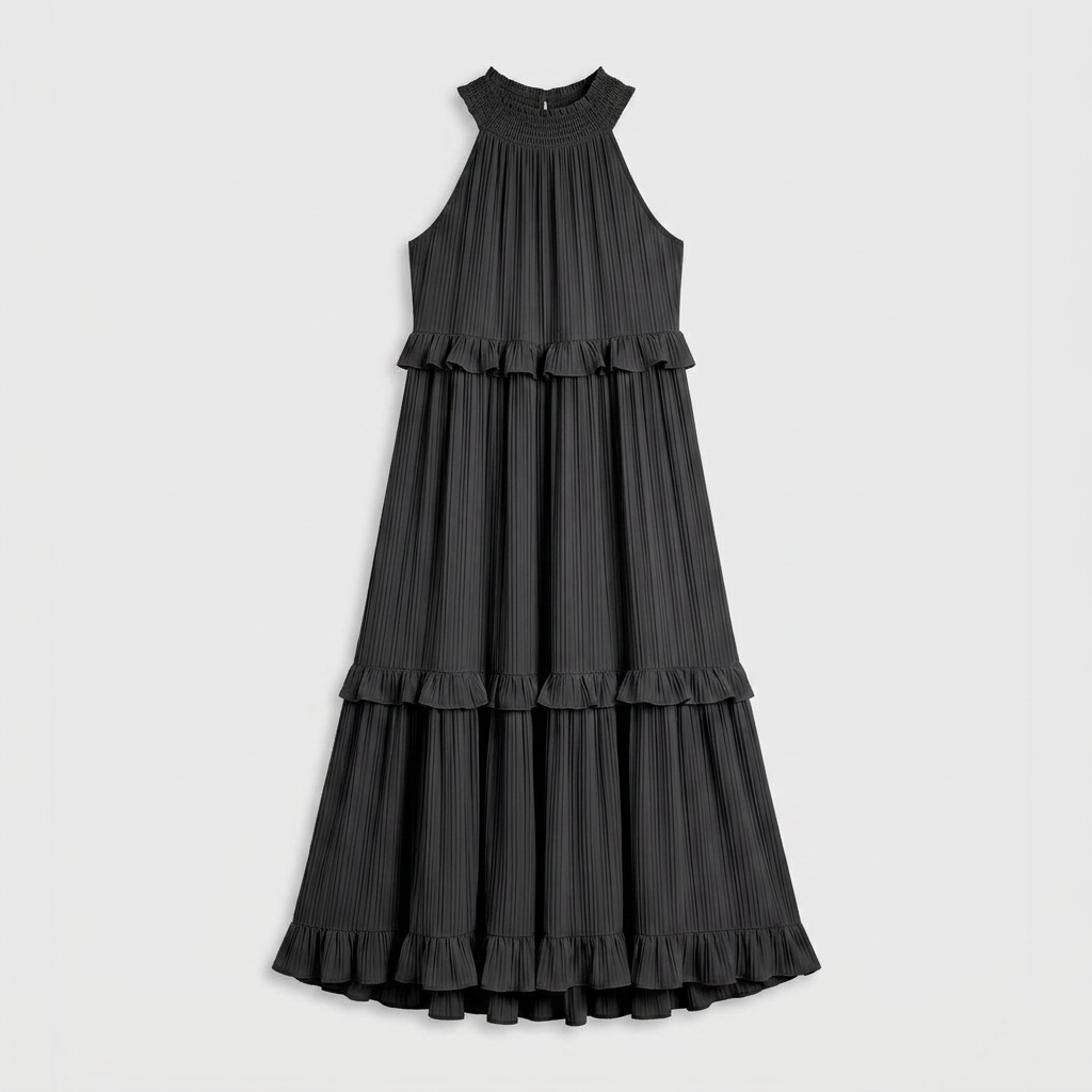Robe Maxi Col Halter Plissée Volants Étagés Pour Femme