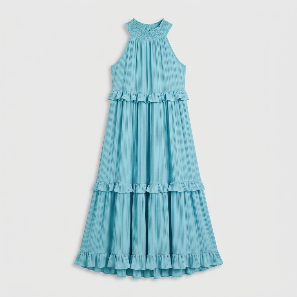 Robe Maxi Col Halter Plissée Volants Étagés Pour Femme