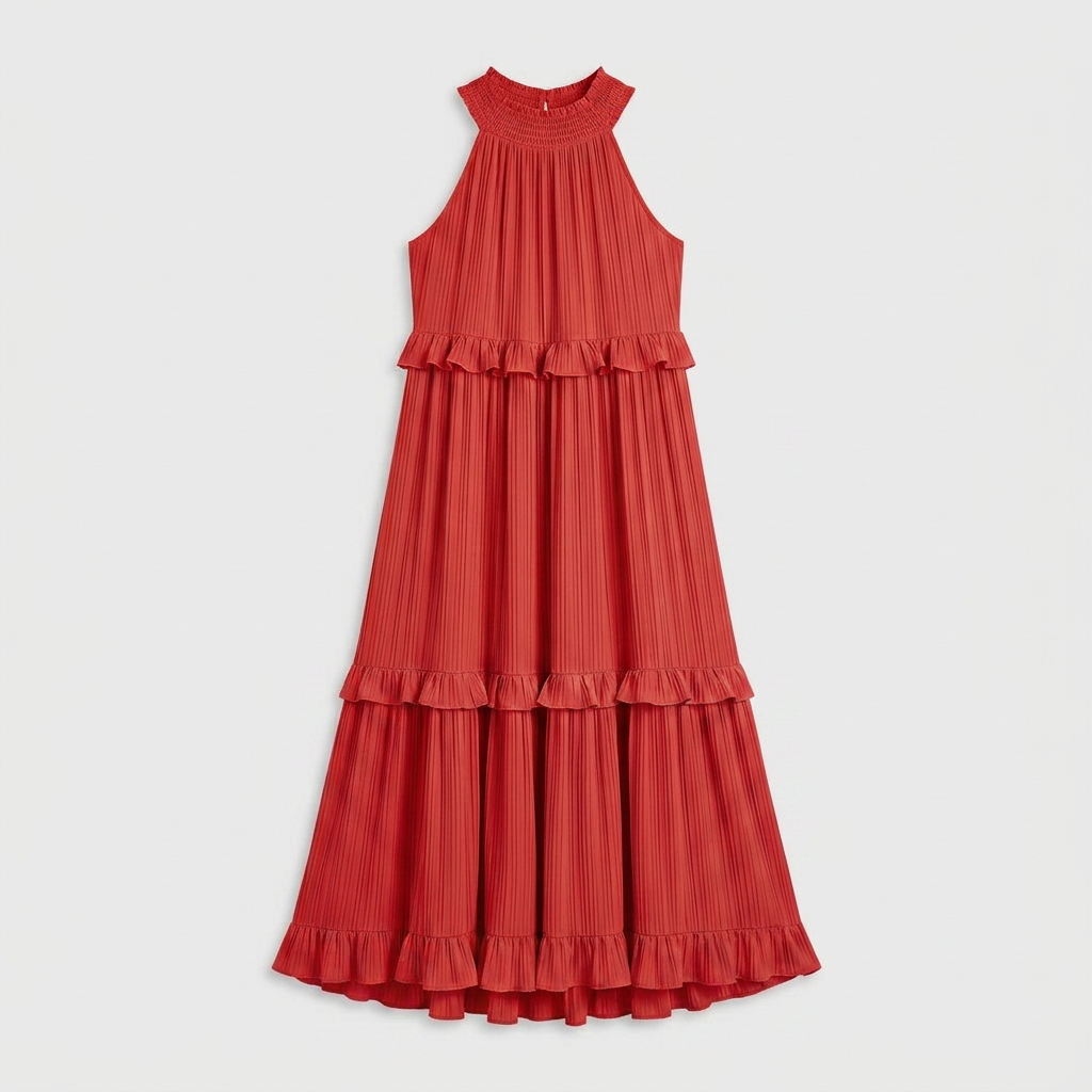 Robe Maxi Col Halter Plissée Volants Étagés Pour Femme