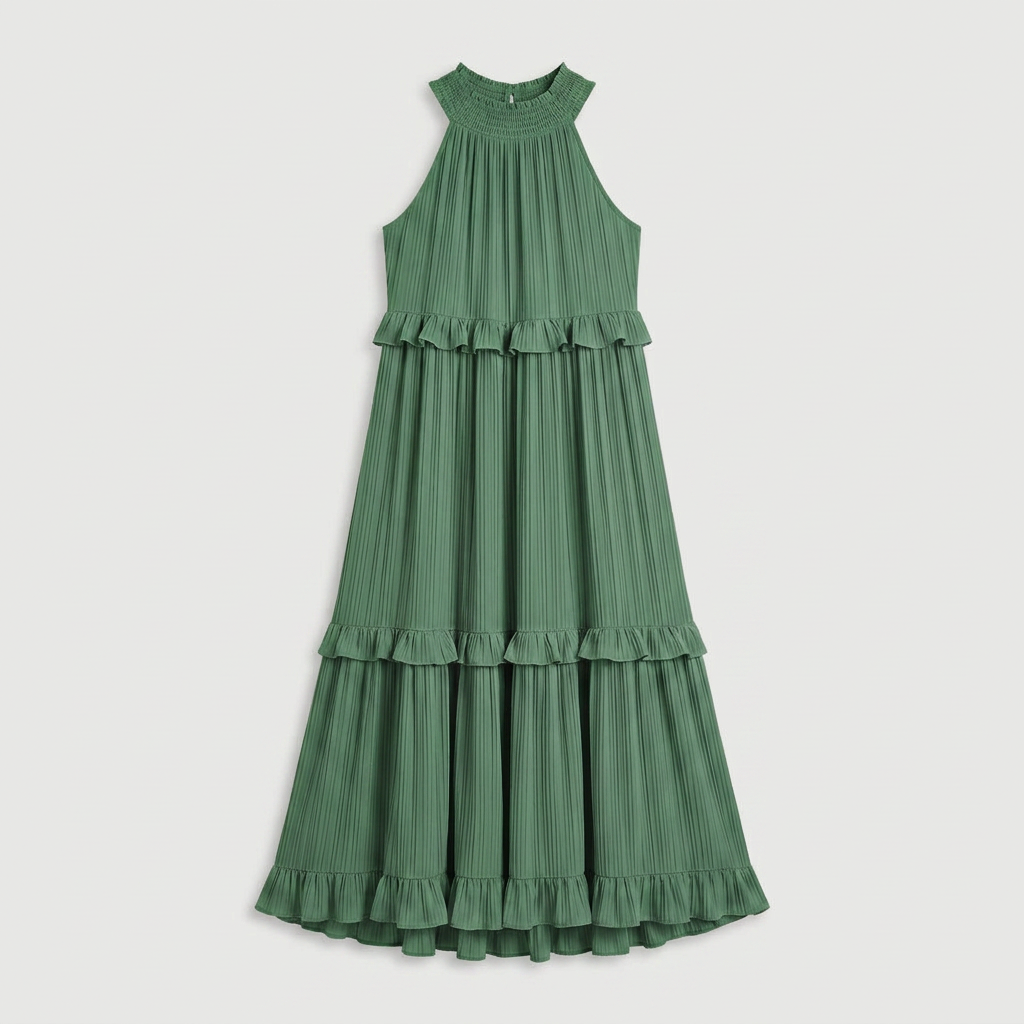 Robe Maxi Col Halter Plissée Volants Étagés Pour Femme