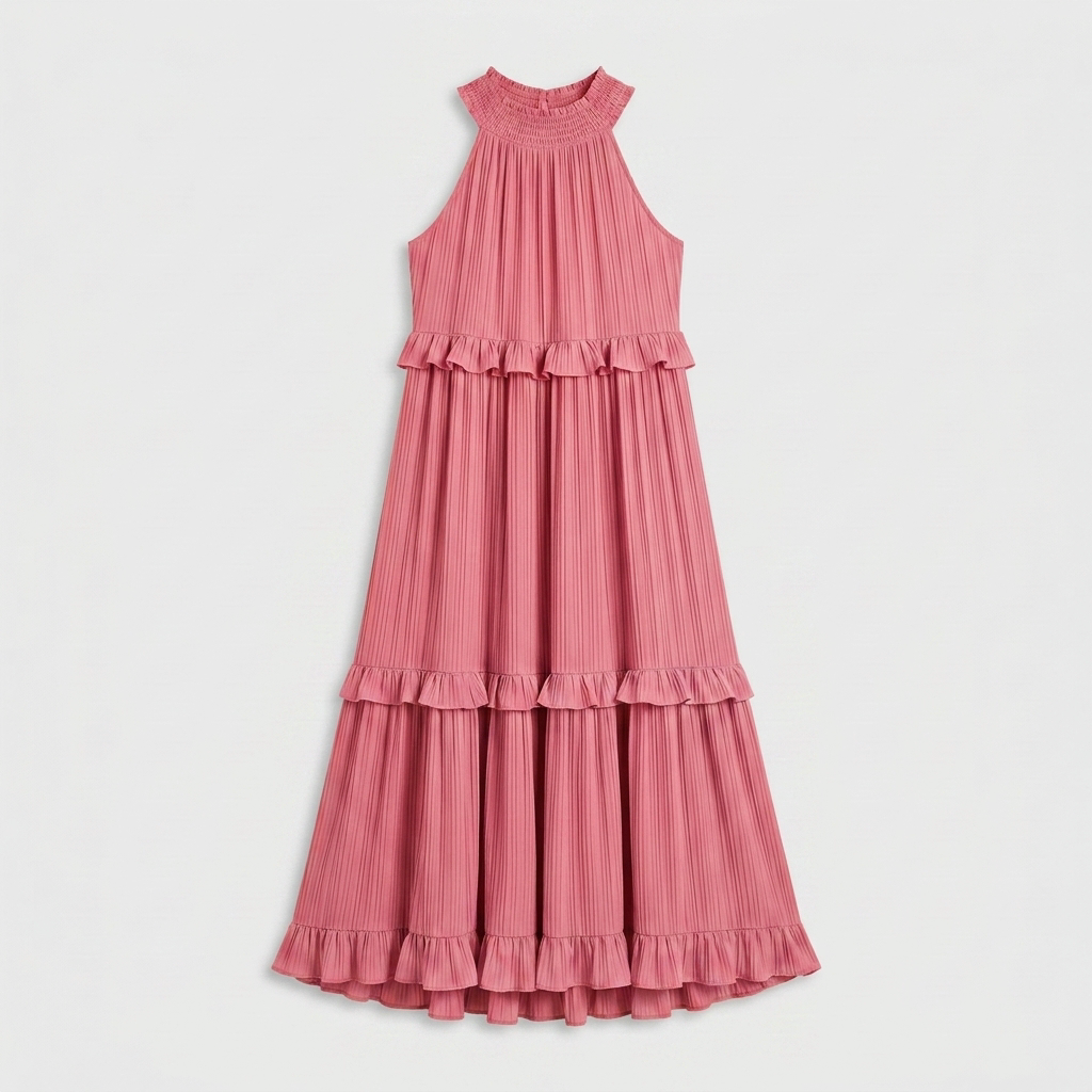 Robe Maxi Col Halter Plissée Volants Étagés Pour Femme