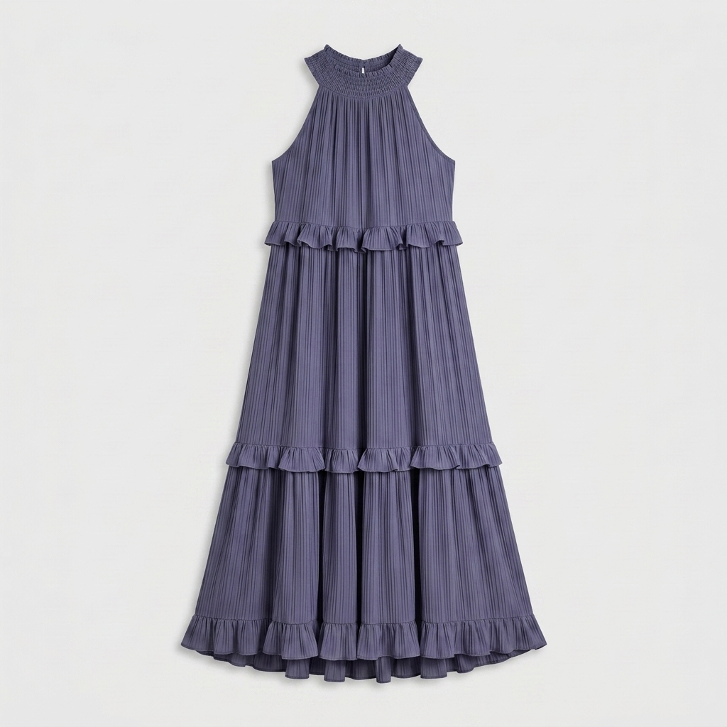 Robe Maxi Col Halter Plissée Volants Étagés Pour Femme