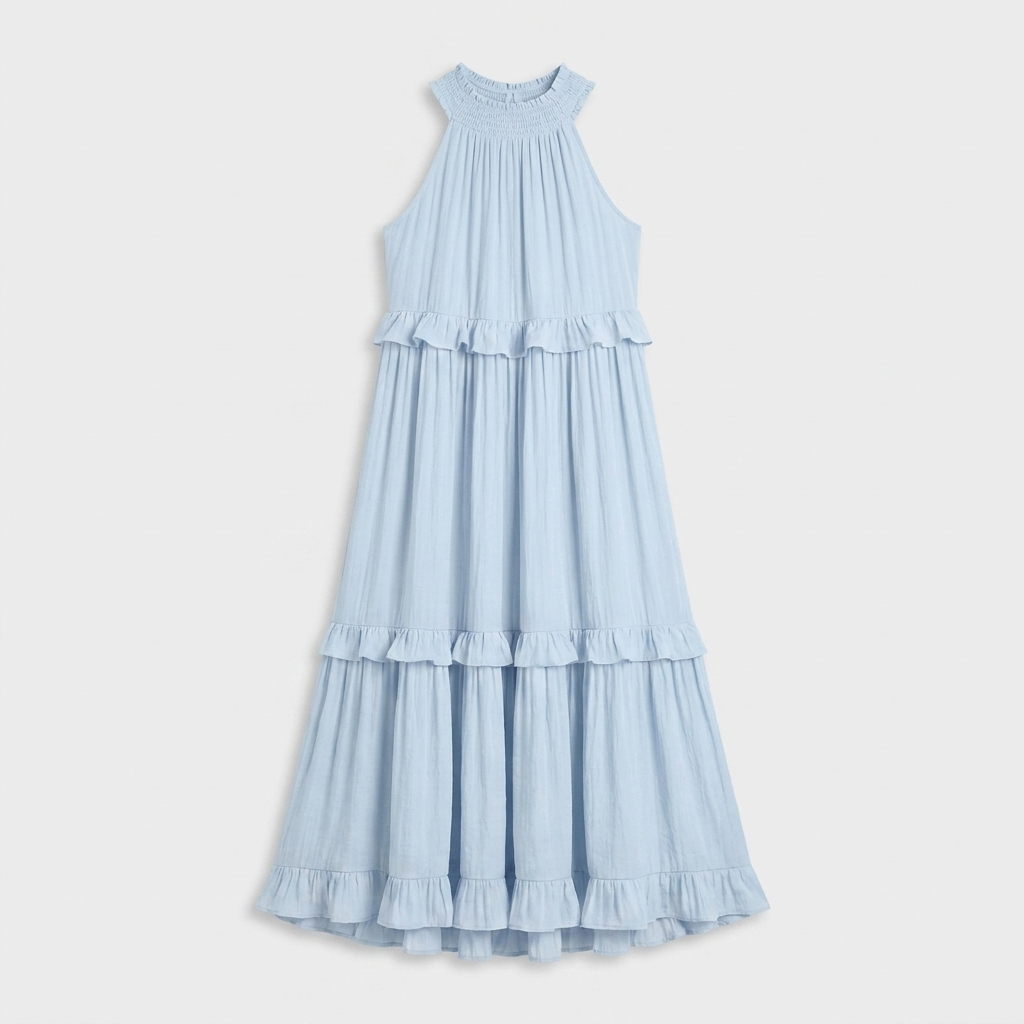 Robe Maxi Col Halter Plissée Volants Étagés Pour Femme