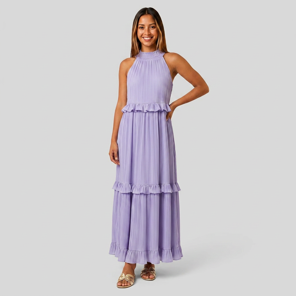 Robe Maxi Col Halter Plissée Volants Étagés Pour Femme