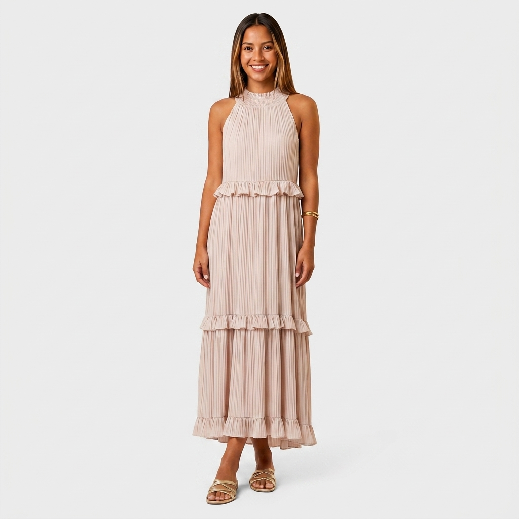 Robe Maxi Col Halter Plissée Volants Étagés Pour Femme