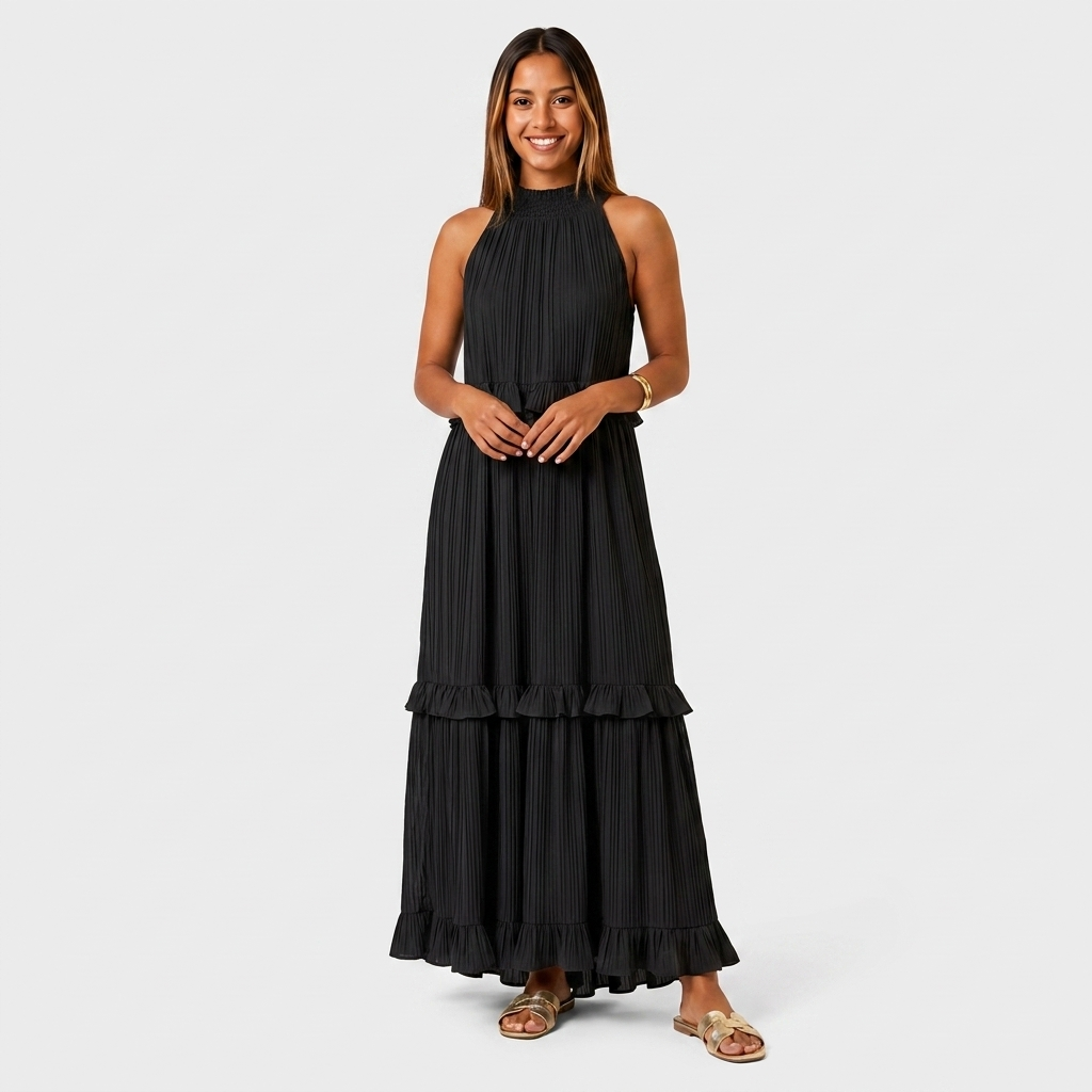 Robe Maxi Col Halter Plissée Volants Étagés Pour Femme