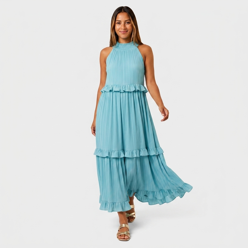Robe Maxi Col Halter Plissée Volants Étagés Pour Femme