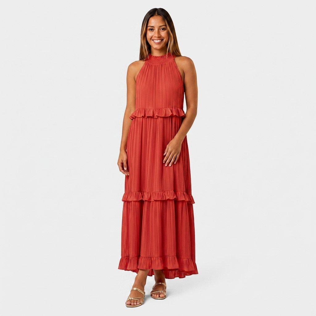 Robe Maxi Col Halter Plissée Volants Étagés Pour Femme