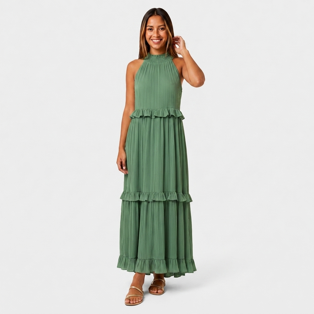 Robe Maxi Col Halter Plissée Volants Étagés Pour Femme
