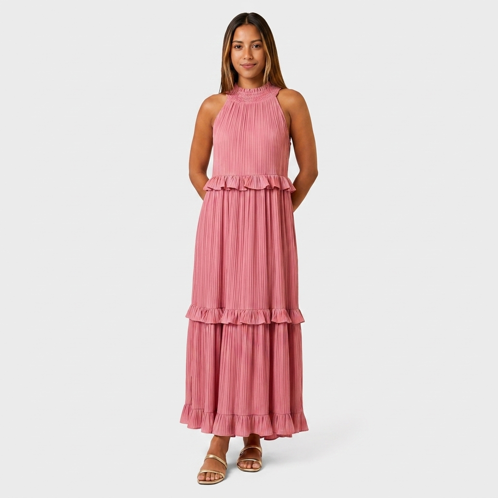 Robe Maxi Col Halter Plissée Volants Étagés Pour Femme